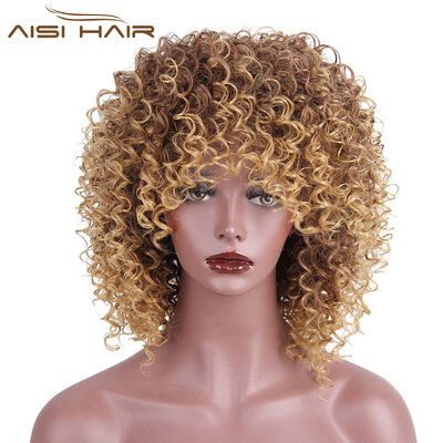 

AISI HAIR High Temperature Fiber Mixed Brown&Blonde Color Synthetic Short Hair Afro Kinky Curly Wigs for Black Women