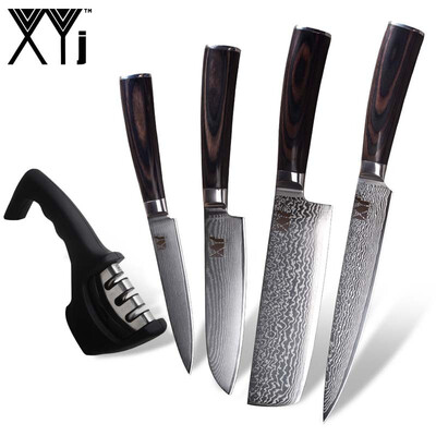 

XYj 4 Piece Damascus Knife VG10 Core Damascus Steel Pattern Kitchen Knife And 3-in-1 Knife Sharpener