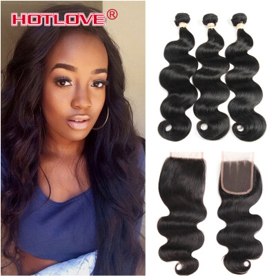 

Brazilian Body Wave 3 Bundles With Lace Closure 44 Free Middle Three Part Natural Color 100 Unprocessed Human Hair Extensions