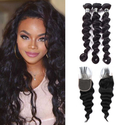 

7A Малайзийские волосы Девы волос 3 комплектов с закрытием 4x4 Loose Wave Hair Красивые необработанные человеческие волосы Модный стиль Новое прибытие
