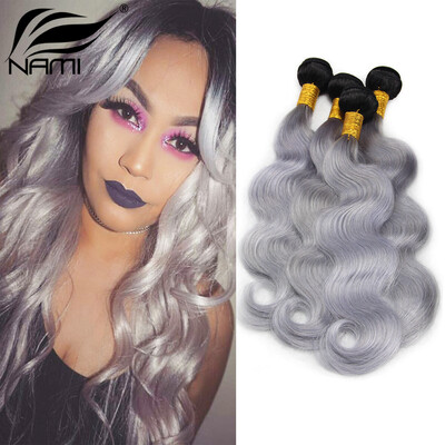 

Nami Hair 4 Bundles 1b/Grey Ombre Brazilian Human Hair Bundles Body Wave two Tone Color 10"-22" T1B/ Silver Grey Human Hair Weave