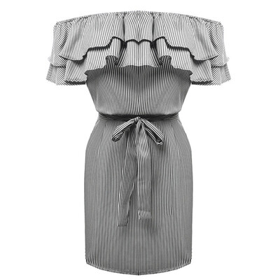 

Women  Flounced Collar Knee Length Dress Sexy Stripe Mini Dress Party Clothes