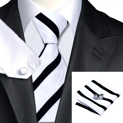 

N-1135 Vogue Men Silk Tie Set White Novelty Necktie Handkerchief Cufflinks Set Ties For Men Formal Wedding Business wholesale