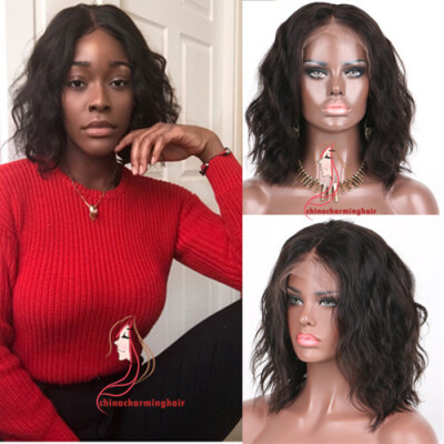 

Lace Front Human Hair Wigs Wavy Short Bob Wig 150 Density Malaysian Virgin Hair With Baby Hair Natural Hairline Bleached Knots Glu