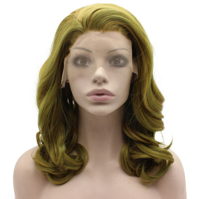 

Shoulder Length Wavy Green Tone Swiss Lace Front Wig Synthetic Heat Resistant