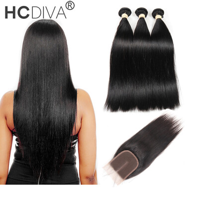 

HCDIVA Peruvian Virgin Hair 3 Bundles Straight with Closure Human Hair Extensions 1B Color Bundles with Lace 4x4 Closure