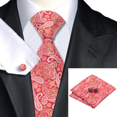 

N-1113 Vogue Men Silk Tie Set Red Novelty Necktie Handkerchief Cufflinks Set Ties For Men Formal Wedding Business wholesale