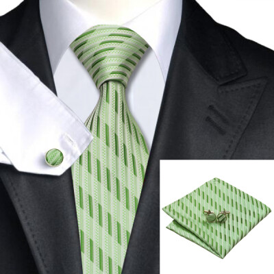 

N-0234 Vogue Men Silk Tie Set Green Stripe Necktie Handkerchief Cufflinks Set Ties For Men Formal Wedding Business wholesale