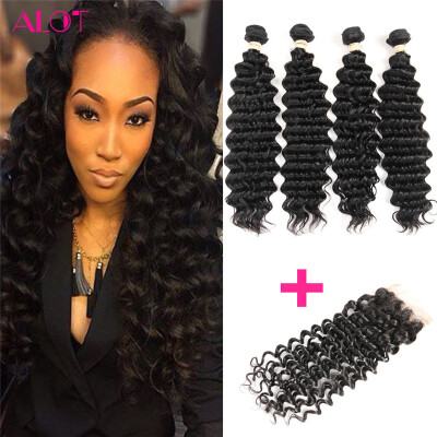 

Alot Hair 4 Bundle Deep Wave Hair с кружевным закрытием Бразильские человеческие волосы Глубокий завиток с закрытием, 4 шт. Волосы с закрытием