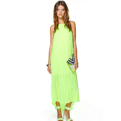 

Lovaru ™Pure color skirt with shoulder-straps pleated sleeveless dresses Summer relaxed leisure contracted shopping style