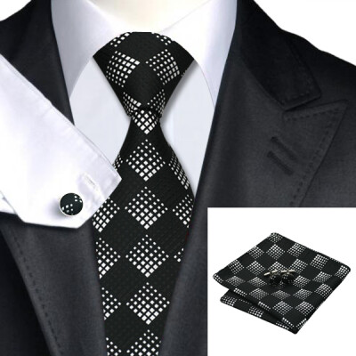 

N-0258 Vogue Men Silk Tie Set Black Plaid Necktie Handkerchief Cufflinks Set Ties For Men Formal Wedding Business wholesale