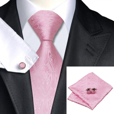 

N-0478 Vogue Men Silk Tie Set Pink Novelty Necktie Handkerchief Cufflinks Set Ties For Men Formal Wedding Business wholesale