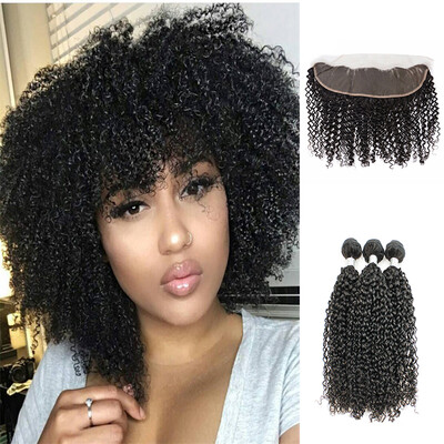 

kiss hair virgin Indian temple human hair kinky cruly Indian hair extension 3 piece hair bundles with 413 lace frontal