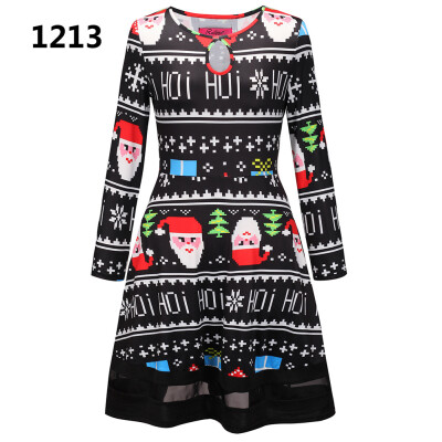 

Europe&America Christmas dress Christmas tree old man snowman bottom jigsaw dress Christmas print dress