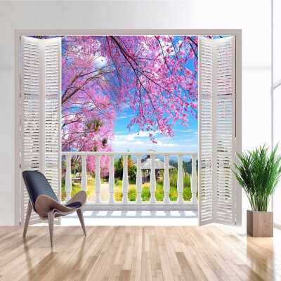 

3D Photo Mural Photo Wallpaper False Window Views Romantic Cherry Blossoms Наклейка Гостиная Спальня Настенная бумага Декоративная