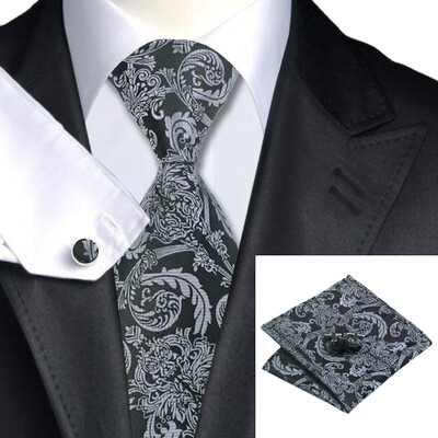 

N-0822 Vogue Men Silk Tie Set Gray Novelty Necktie Handkerchief Cufflinks Set Ties For Men Formal Wedding Business wholesale