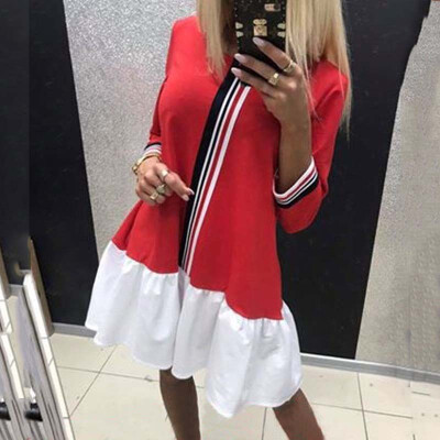 

Lovaru ™ 2017 Autumn Dress Red White Stitching Women Sweet Loose Dress Three Quarter Girl Preppy Style Mini Dresses