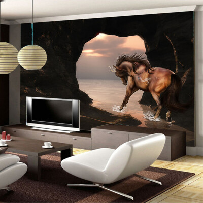 

Spatial Extension Personality Wall Mural Wallpaper 3D Stereo Seaside Horse Wall Painting Fresco Living Room TV Backdrop 3D Decor