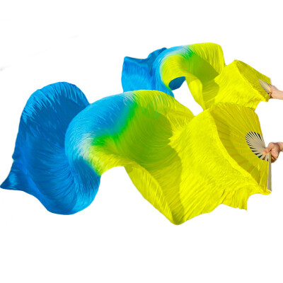 

Newest Handmade Bamboo Ribs Dance Props Silk Belly Dance Fan Natural Silk 1 Pc Left hand+1 Pc Right Hand Silk Fan Yellow+Turquoise