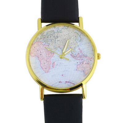 

Fashion Womens Leather Alloy World Map Globe Analog Quartz Retro Wrist Watch