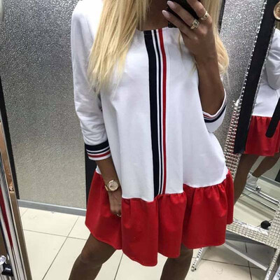 

Lovaru ™ 2017 Осеннее платье Red White Stitching Women Sweet Loose Dress Три четверти девушки Preppy Style Mini Dresses