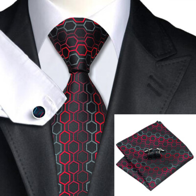 

N-0584 Vogue Men Silk Tie Set Red Geometric Necktie Handkerchief Cufflinks Set Ties For Men Formal Wedding Business wholesale