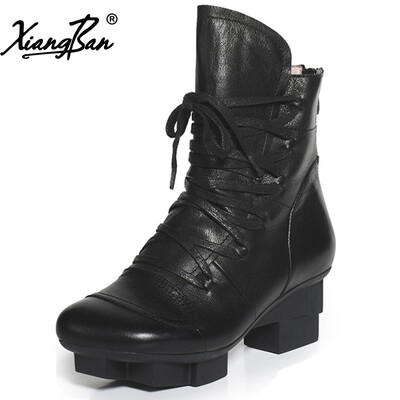 

Xiangban fashion spring fall winter women leather shoes platform black lacing up boots Martin pointed toe waterproof work boots