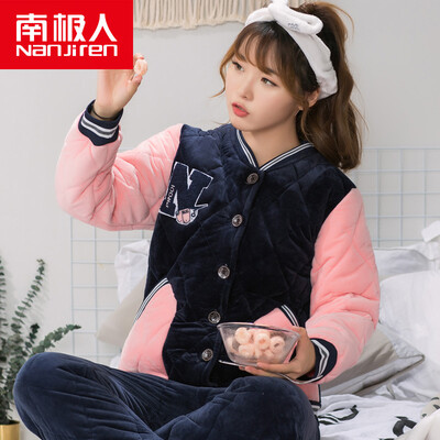 

Antarctic pajamas women three-layer thickening coral fleece quilted pajamas autumn&winter ladies plus velvet flannel cotton jacket home service suit NJR8615 female collar collar Navy M