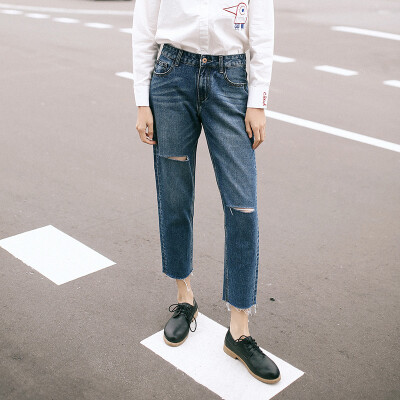 

And with pure Raincun N2366 Ran with pure Japanese hole jeans female nine pants loose casual raw straight jeans blue 28 N2366L028