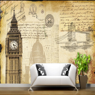 

Подгонянные 3d Photo Mural Wallpaper Европейский ретро Лонг Биг Бен Лондонский мост Стена Ресторан Фонарь настенная роспись