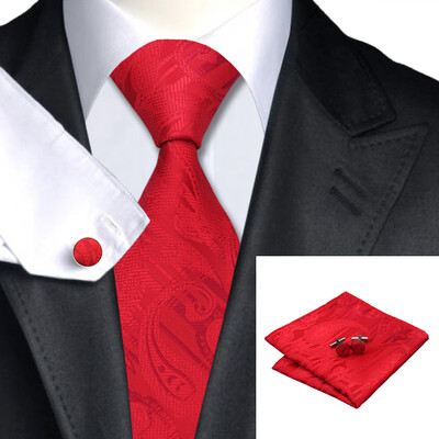 

N-0284 Vogue Men Silk Tie Set Red Paisley Necktie Handkerchief Cufflinks Set Ties For Men Formal Wedding Business wholesale