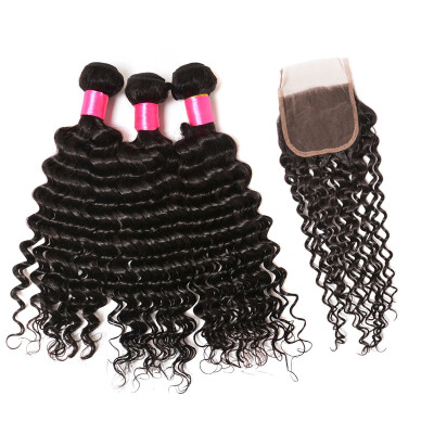 

BHF hair vigin Peruvian Deep Wave Bundles With Silk Base Closure MiddleThreeFree Part