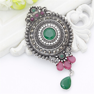 

Fashion Egyptian Women Round Water Drop Brooch Pins Antique Silver Color Resin Corsage Jewelry Turkish Bridal Indian Wedding Pin