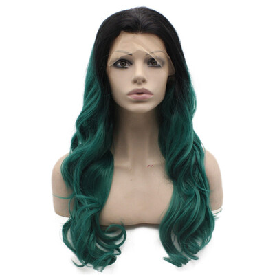 

Iwona Synthetic Hair Lace Front Long Wavy Ombre Dark Green Wig