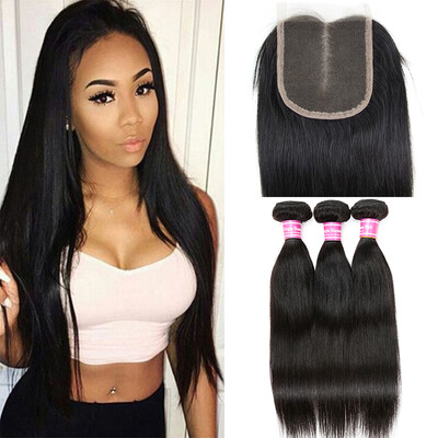 

Brazilian Virgin Human Hair Straight Extension 3 Bundles With 1 Middle Part Lace Closure Unprocessed Human Hair Weave & Closure