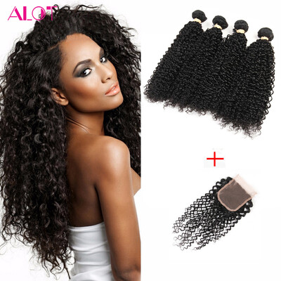 

ALot 7A Peruvian Curly Weave Human Hair 4 Bundles With Closure Peruvian Kinky Curly Virgin Hai Natural Black 5Pcs /Lot