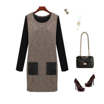 

Lovaru ™New 2015 fashion Women Casual Patchwork Sweater Mini Dress Autumn Winter Long Sleeve O-neck Slim dress