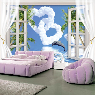 

Custom Wall Mural Wallpaper Window Sea View Dolphins Blue Sky White Clouds Love Heart Wallpapers For Home Walls Living Room Sofa