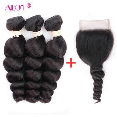 

Alot Human Hair 31 Indian Remy Hair Loose Wave with Closure Loose Wave Natural Color Lace Closure