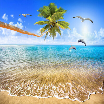 

Custom Mural Wallpaper Sea View Beach Coconut Trees Dolphin Photo Background Wall Painting Living Room 3D Wall Murals Wallpaper