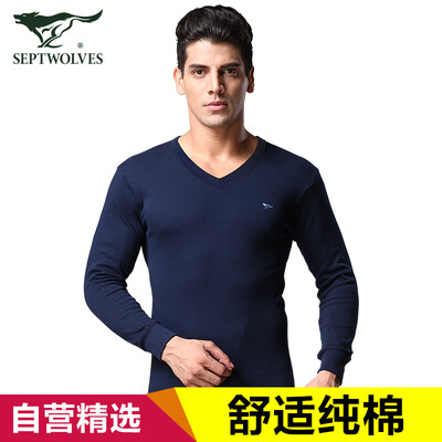 

Seven wolves thermal underwear male cotton Qiuyi Qiuku V-neck suit thin section cotton wool jacket line pants solid color V-neck 98165 Navy Blue XL