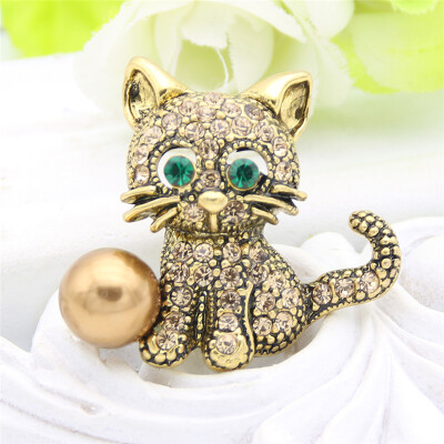 

Lucky Zodiac Animal Cute Cat Brooch Pin For Women Rhinestone Animal Brooches Broches Simulation Pearl Russia Lapel Corsage Pin