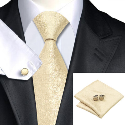 

N-1116 Vogue Men Silk Tie Set Beige Novelty Necktie Handkerchief Cufflinks Set Ties For Men Formal Wedding Business wholesale