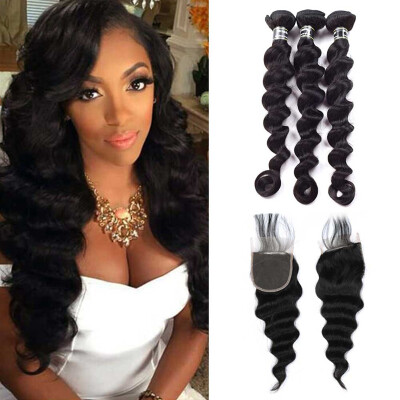 

Amazing Hair Brazilian Virgin Hair Bundles with Closure Loose Wave Hair Bundles with Closure 4x4" Free Part Soft&Bouncy