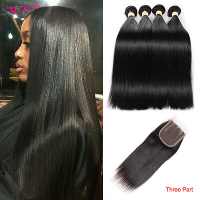 

Alot Hair 7A Peruvian Human Hair With Closure 4 Bundles Virgin Hair With 4x4 Lace Closure Unprocessed Silky Straight With Closure