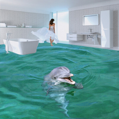 

Free Shipping Lovely surface dolphin 3D solid floor stickers wallpaper bedroom office study lobby waterproof floor mural 250cmx200