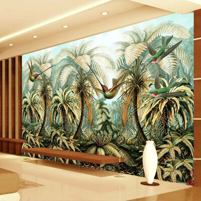 

Custom Mural Wallpaper Non-woven Large Hand Painted Wall Painting Tropical Rainforest Birds Living Room Sofa Backdrop Wallpaper