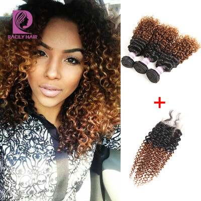 

Ombre Malaysian Hair Kinky Curly 3 Bundles with Lace Closure Black to Dark Brown Free Part Human Hair with Closure