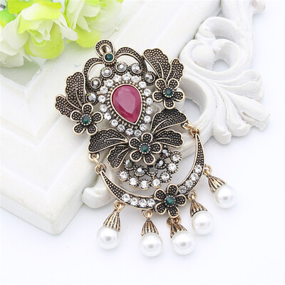 

Vintage Turkish Women Big Resin Simulated-Pearl Brooch Pin Flower Pendant Jewelry Antique Gold Color India Bride Ethnic Corsage