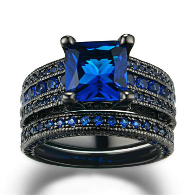 

Fashion Luxury Black Gold Color Ring Sets Princess Cut Blue Cubic Zirconia Ring For Women & Men Full Size Wholesale R692